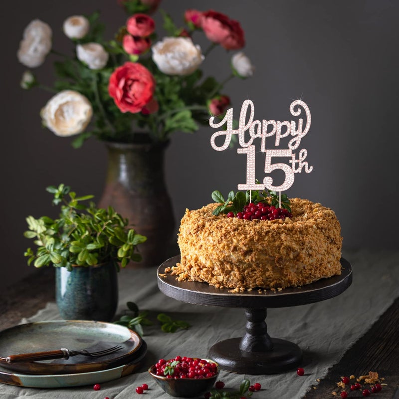 LASKYER Happy 15th Birthday Rose Gold Rhinestone Cake Topper - 15th Birthday/Anniversary,Cheers to Fifteen Years Old Bday Party Metal Sparkly Centerpieces Decorations. - Image 4
